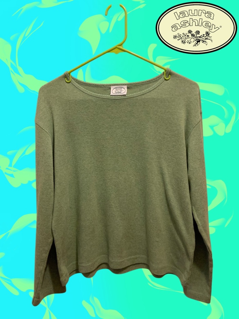 VTG LAURA ASHLEY Green Soft Knit Long-Sleeve Shirt Size L 100% Cotton